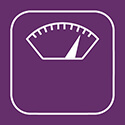 purple square with a white outline of a foot scale