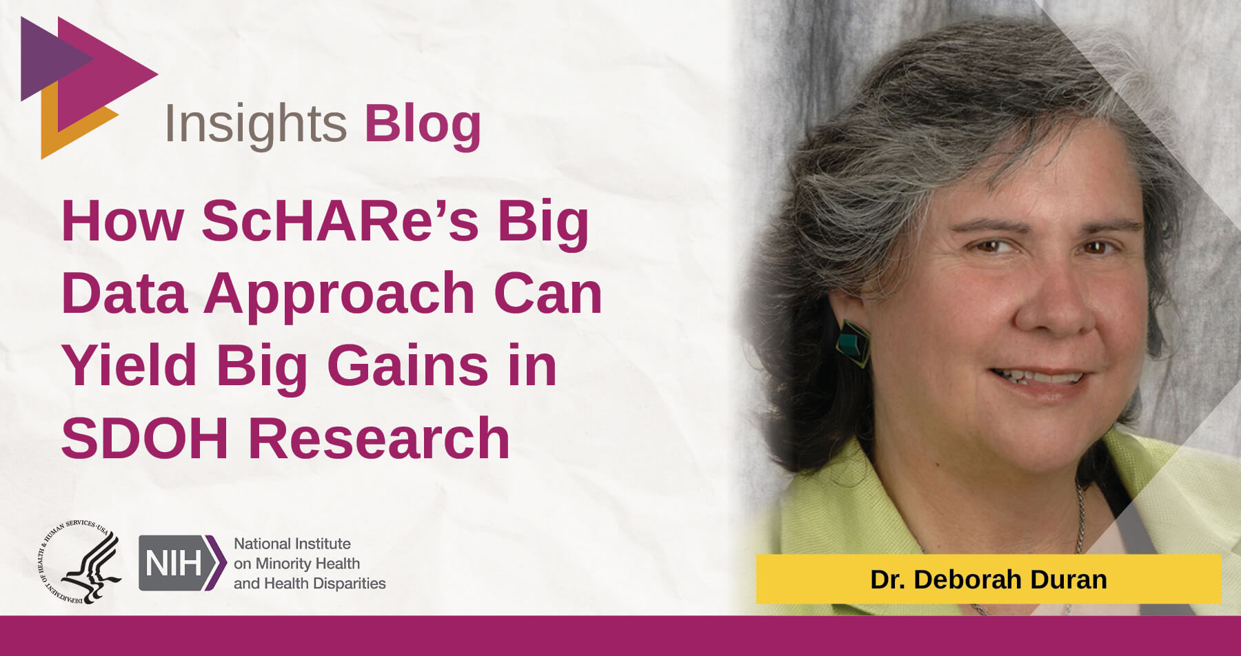 NIMHD Insights Blog: How ScHARe's Big Data Approach Can Yield Big Gains in SDOH Research. Image of post author Dr. Deborah Duran and NIMHD logo