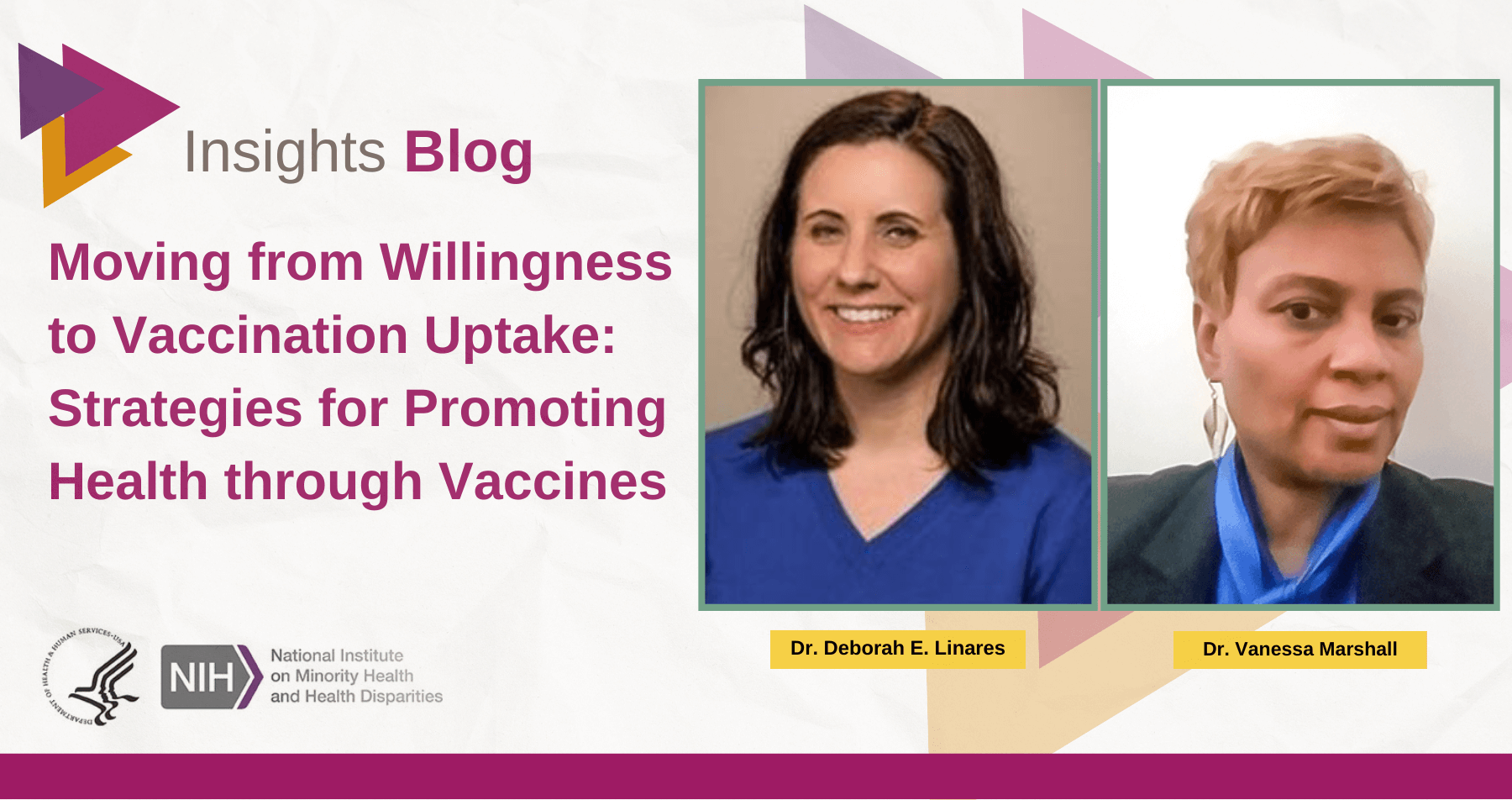 NIMHD Insights Blog: Moving From Willingness to Vaccination Uptake: Strategies for Promoting Health Through Vaccines. Photos of authors, Drs. Deborah E. Linares and Vanessa Marshall
