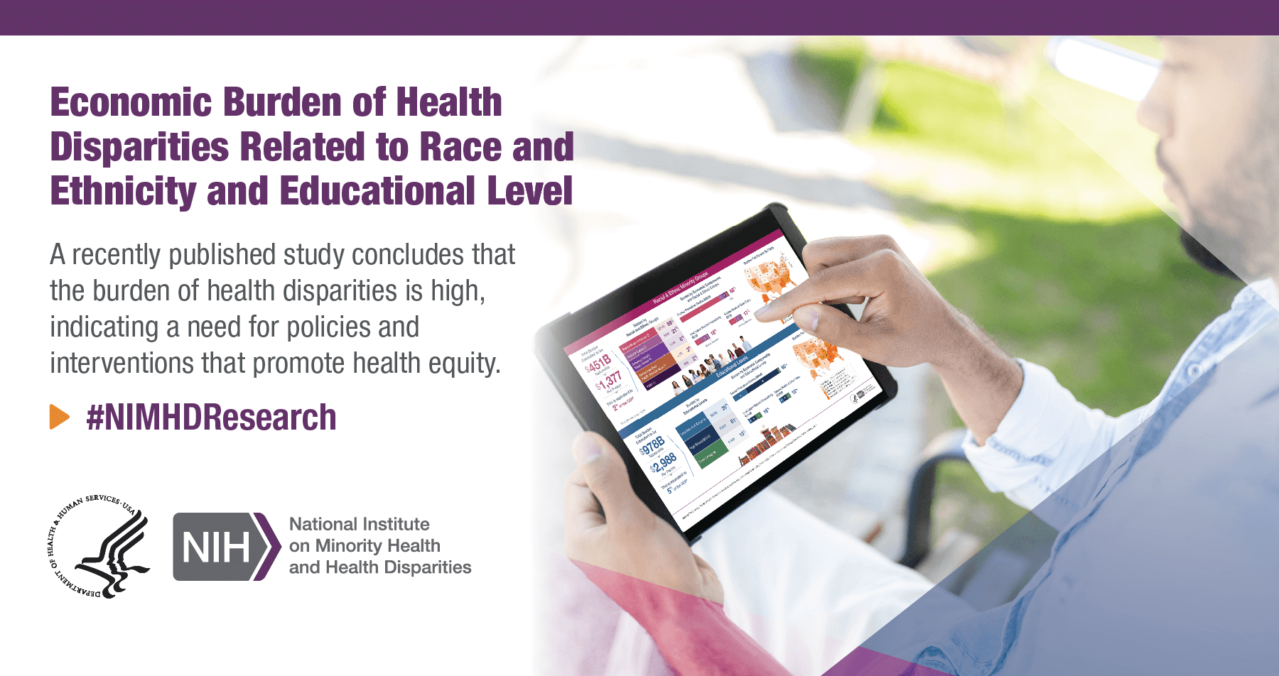Man sitting outside on the sunny day viewing the Economic Burden of Health Disparities in the U.S., 2018 study visual abstract on a tablet computer