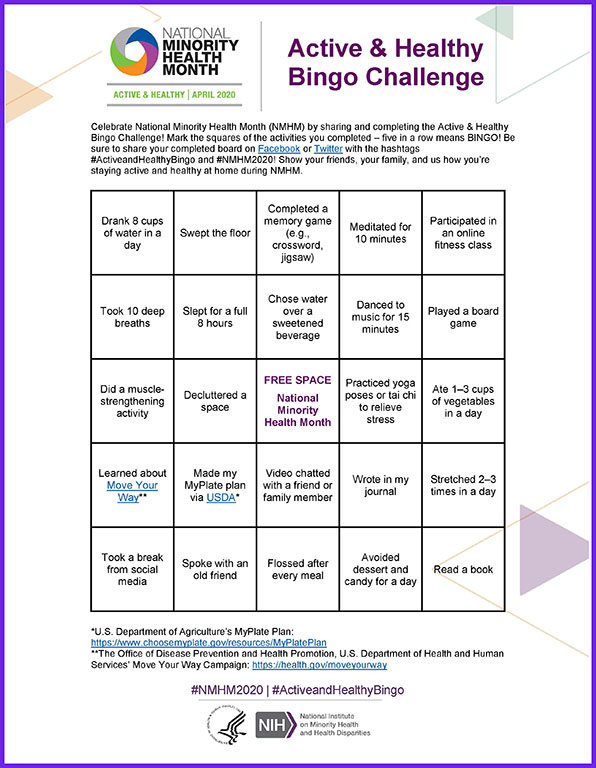 National Minority Health Month Active & Healthy Bingo Challenge bingo board