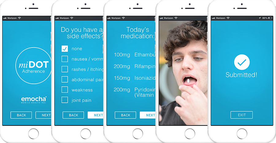 Smartphone screenshots of a mobile internet directly observed therapy application