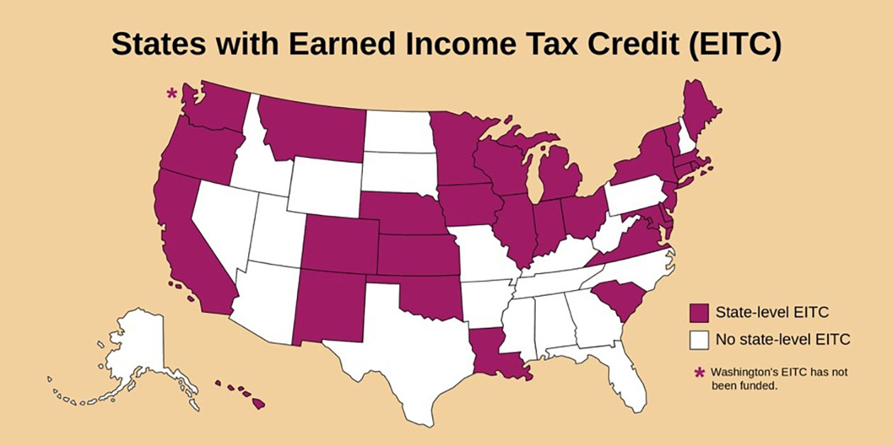 States with Earned Income Tax Credit (Eee Eye Tee See)						A map of the United States showing those states with state-level Eee eye tee see and those with no state-level eee eye tee see.	
                            States with a state-level eee eye tee see include California, Colorado, Connecticut, Delaware, the District of Columbia, Hawaii, Illinois, Indiana, Iowa, Kansas, Louisiana, Maine, Maryland, Massachusetts, Michigan, Minnesota, Montana, Nebraska, New Jersey, New Mexico, New York, Ohio, Oklahoma, Oregon, Rhode Island, South Carolina, Vermont, Virginia, Washington State, and Wisconsin. Washington State’s eee eye tee see has not been funded.	
                            States with no state-level eee eye tee see include Alaska, Alabama, Arizona, Arkansas, Florida, Georgia, Idaho, Kentucky, Mississippi, Missouri, Nevada, New Hampshire, North Carolina, North Dakota, Pennsylvania, South Dakota, Tennessee, Texas, Utah, West Virginia, and Wyoming.