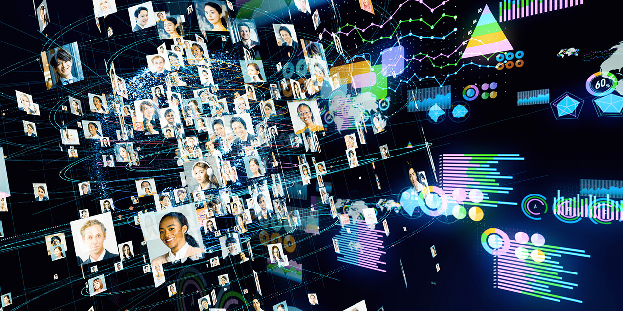 Futuristic image of charts, graphs and photos of diverse people, suggestive of big data, networks, research, technology.