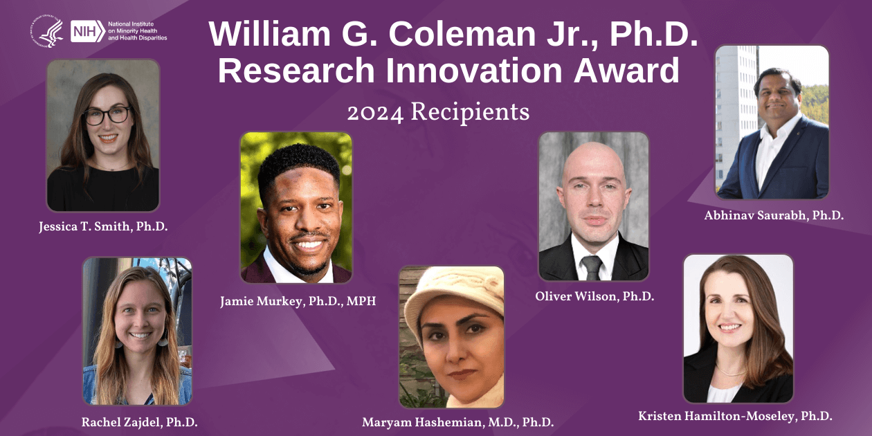 HHS and NIH logos. Portraits of the 7 recipients of the 2024 NIMHD William G. Coleman Jr., Ph.D., Research Innovation Award on a purple background