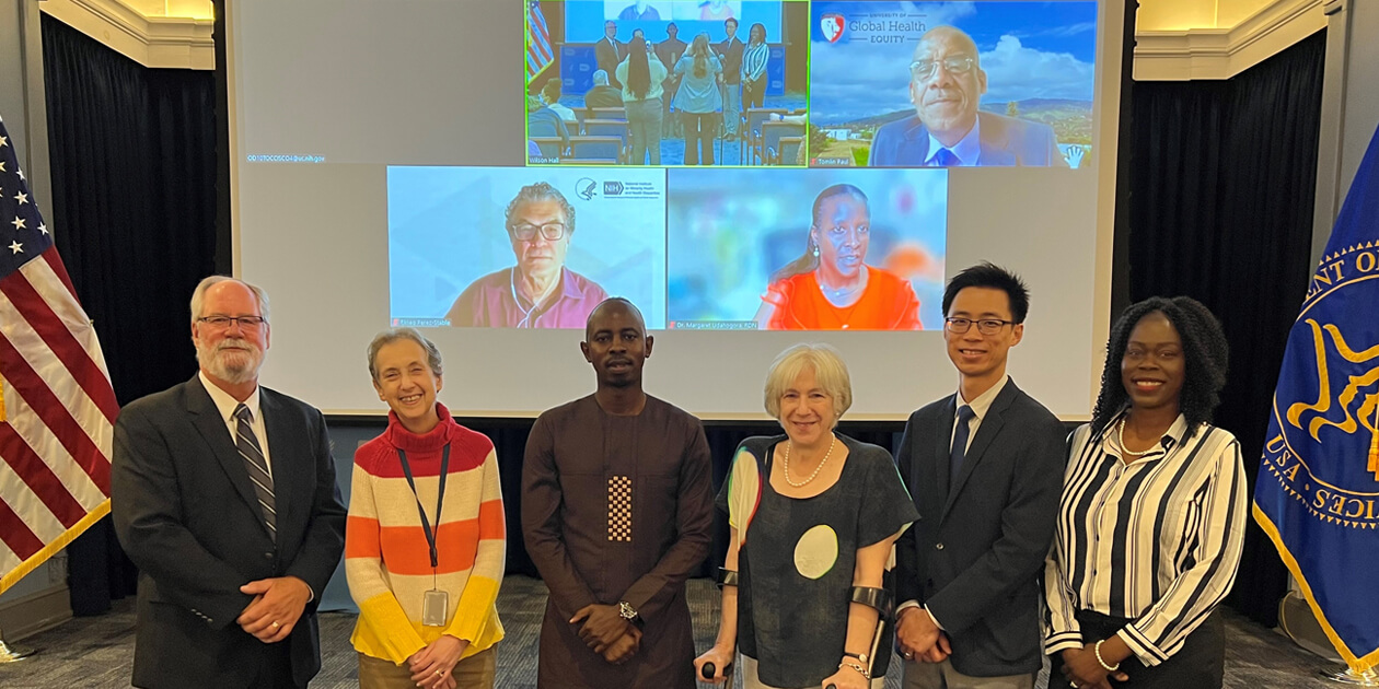 University of Global Health Equity, University of Maryland, NIMHD, NIDDK and NIH leaders pose with 2023 NIH-Rwandan Fellow Dr. Jean de Dieu Gatete