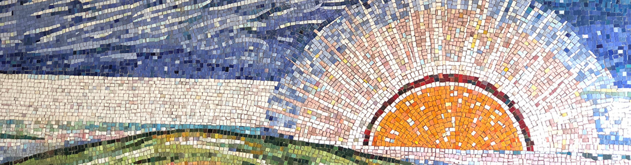 Multi-colored mosaic showing a brightening blue sky, the horizon and an orange sun rising over a variegated green hill as a metaphor for health equity