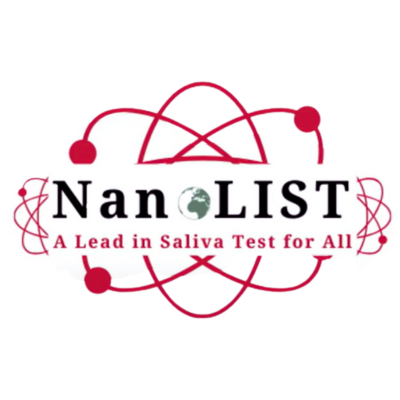 Black text: NanoLIST, where the o is a globe. Red text below: a Lead-in-Saliva Testing for all. Both on a white rectangle. Background: Red atom diagram