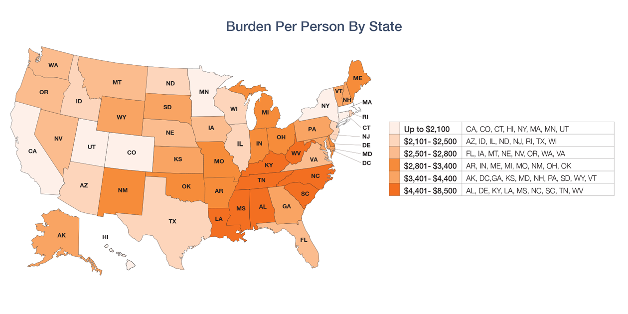 Burden Per Person By State - map of the U.S.