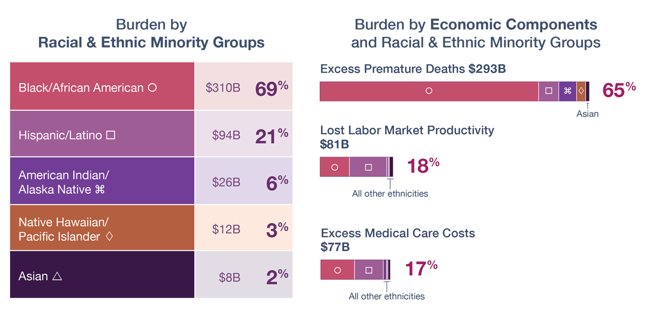 Infographic showing burden by racial and ethnic minority groups and burden by economic components and racial and ethnic minority groups