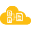 CCDE icon: Gold cloud graphic behind white line drawing of 2 stacked data items connected by organizational chart-like lines to a bigger data item